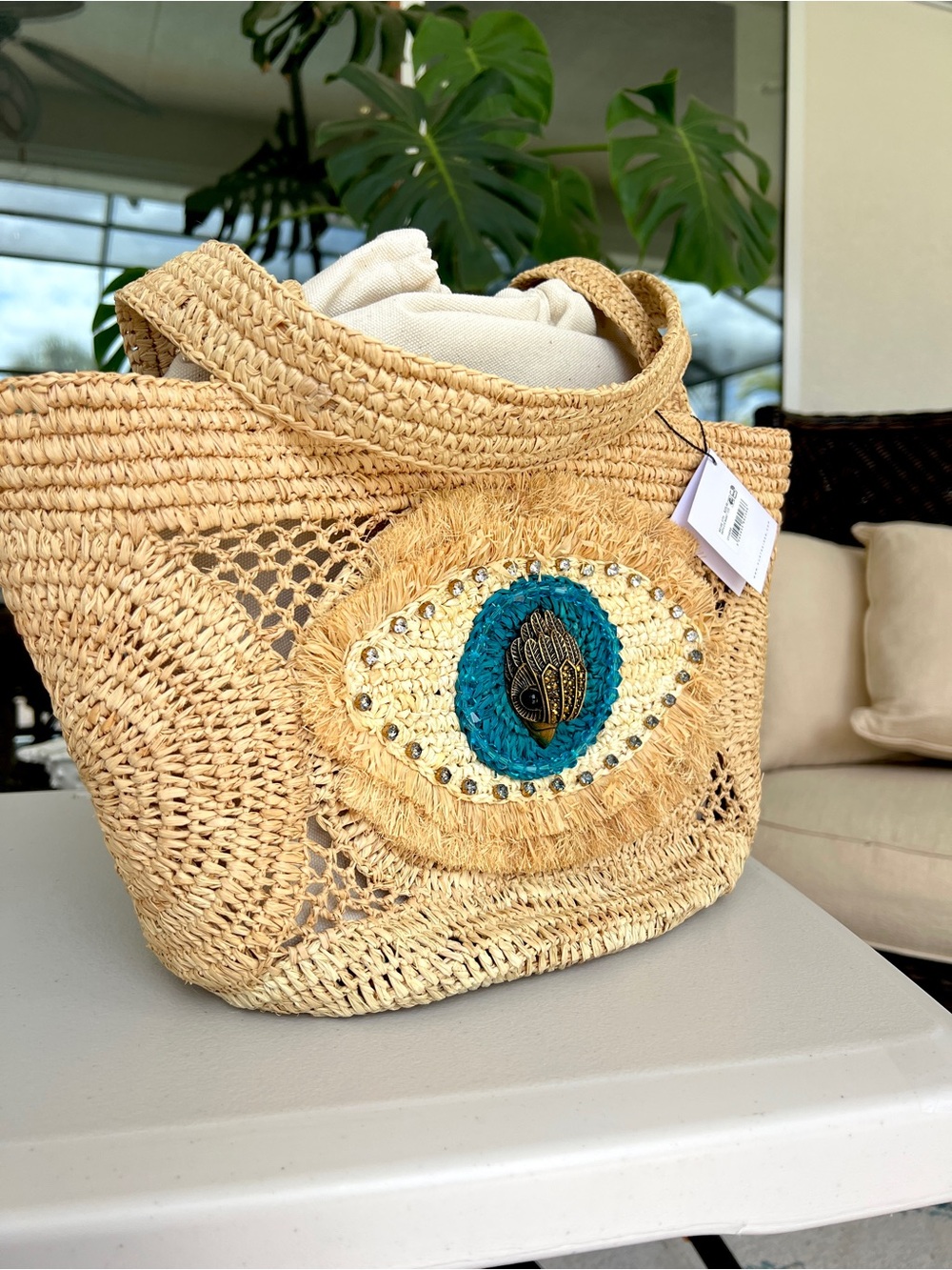 KURT GEIGER Raffia Evil Eye Basket tote beige natural NWT - Picture 4 of 17